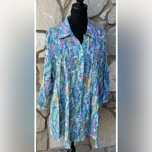 Woman Within Spring Tunic Top Large 18/20 Cotton Floral Gauze Pintucks Buttons